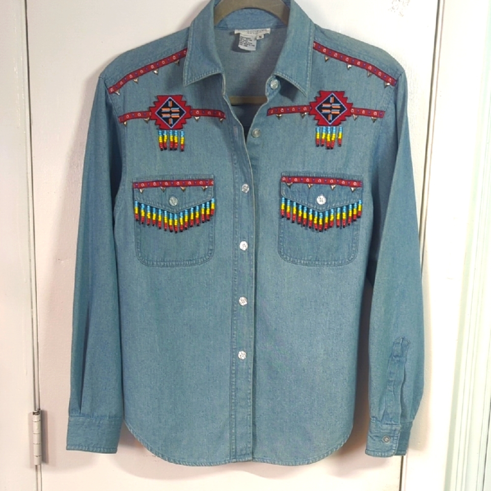 VTG EUC Lew Magram Native American Beaded Embroidered Denim Shirt sz S 80s 90s!